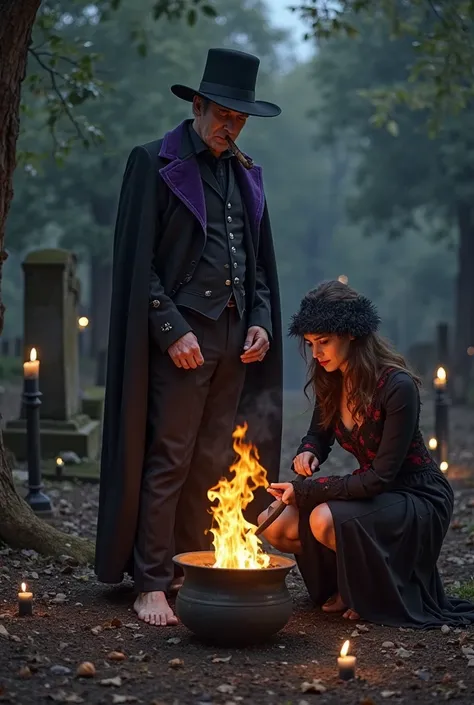 Um homem mais velho, barefoot, pele morena, wearing a black suit with a black cape with purple details, hat hat and smoking a ci...