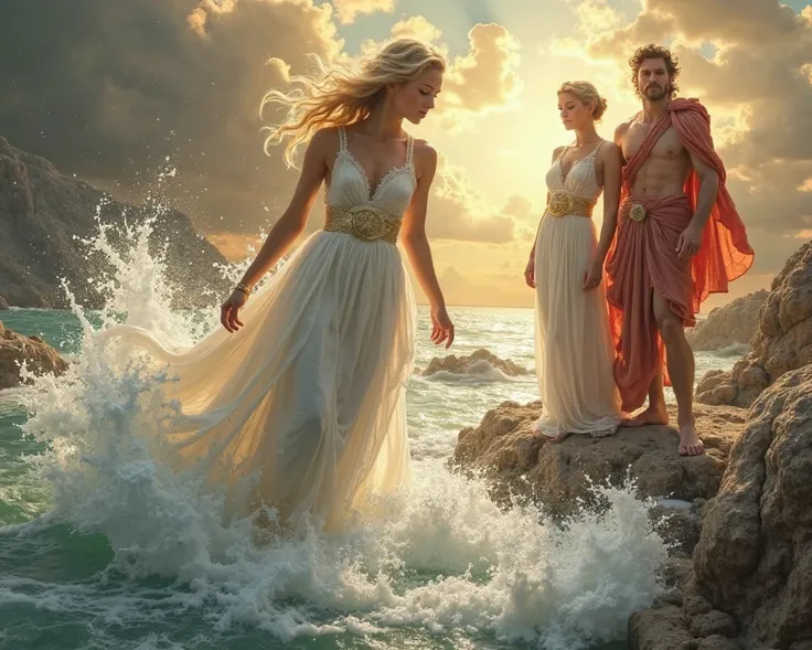 Aphrodite rising from sea foam, born from the ocean, surrounded by shells and divine light, classical beauty, flowing blonde hai...