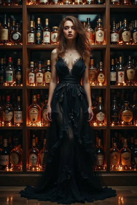 Full length Tim Walker style photo shoot, beautiful woman , against the background of bottles of alcohol, dynamic style, artisti...