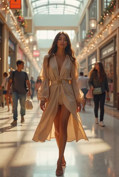 A beautiful woman with light brown skin and long, straight hair is strolling at the mall