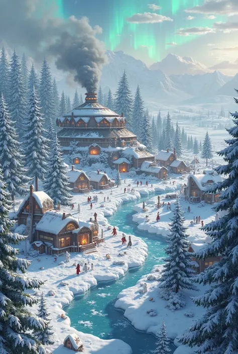 Snowy forest, tundra biome, fantasy forest, winter season, tribal settlement, winter tribe, large settlement, very large arctic ...