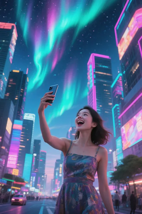 Beautiful auroras fill the sky,A woman in a beautiful dress is taking pictures with her high-end phone,Expressions intertwined w...
