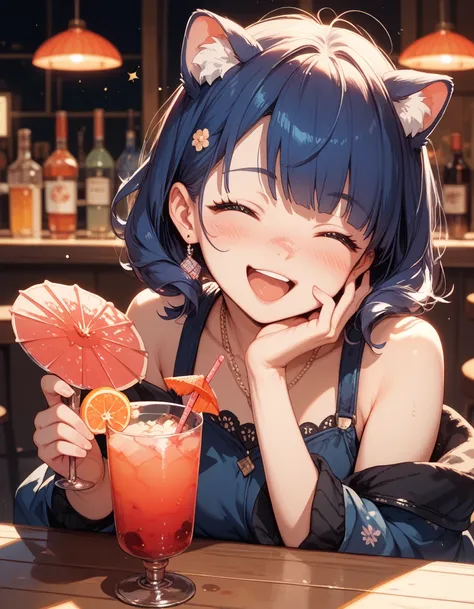 It's getting drunk and having fun cute。Laughing。I have a cocktail in my hand。Japanese cute two-dimensional anime style。