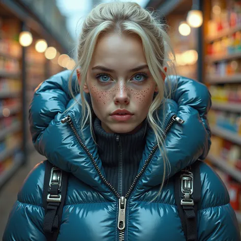 full portrait of a walking pleasured juvenile slim ponytail  blue-eyed blond,beautiful detailed eyes,beautiful freckles,beautifu...