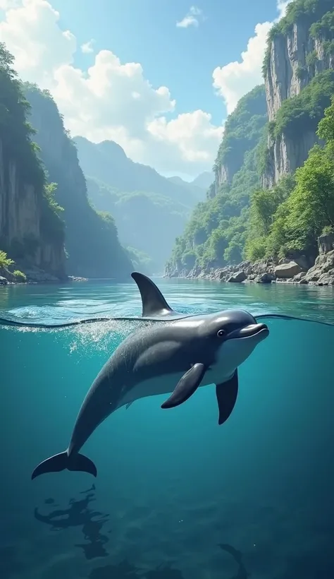 A dolphin swims above the water and goes into the river.