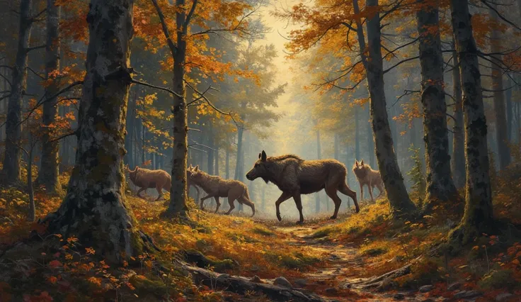 Create an epic large-scale scene oil painting in the style of Rembrandt's oil paintings，A group of Siberian wolves attacking a m...