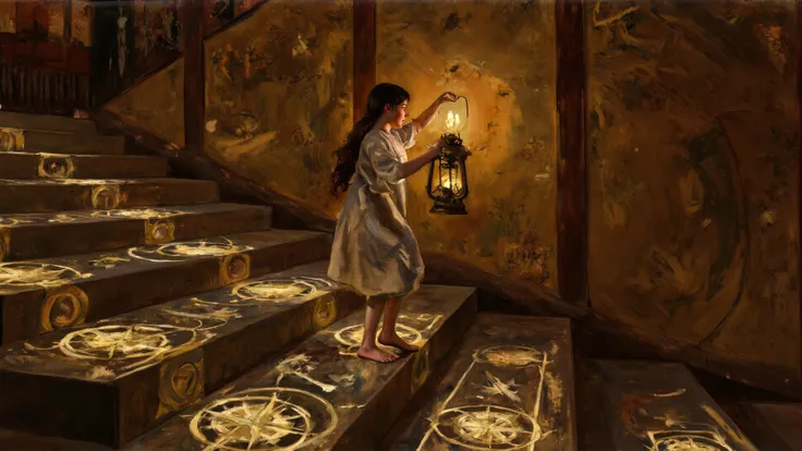 A reverent age girl stepping onto a stairwell that glows with chalk-like lines beneath her feet—each tread marked with compass r...