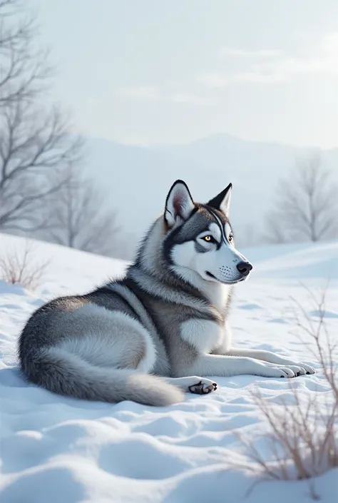 A husky with heterochromia lying in the snow