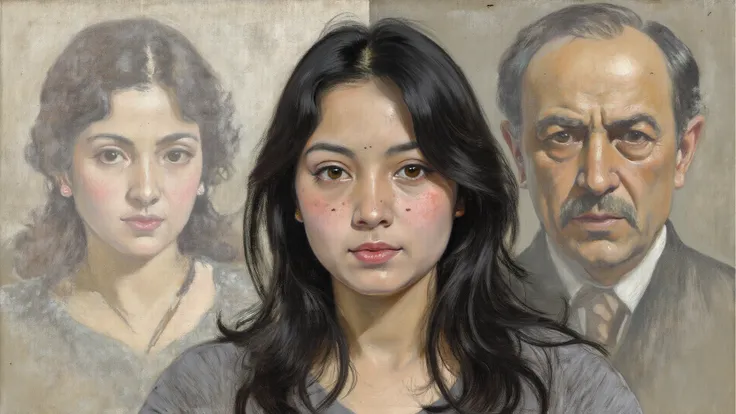 Charcoal and pastel drawing, character (Unnamed Woman (Female; Approximately 25; Asian; long dark hair; fair skin; oval face; lo...