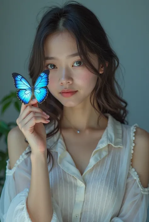 A beautiful girl standing confidently looking at the camera and raising her hand in a simple way with a beautiful blue butterfly...