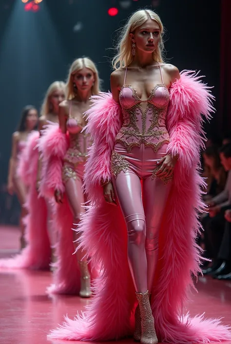 stunning outfits, haute couture: models in perfectly dressed pink glossy leather, crow feathers and boas, high heels, glitter, t...