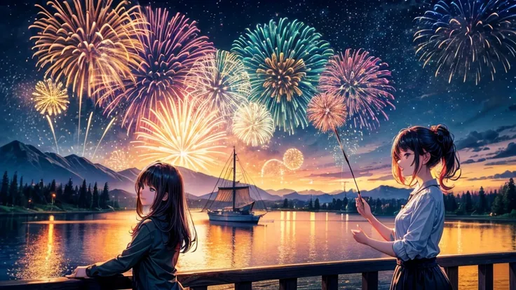 top quality、masterpiece、landscape、colorful and beautiful fireworks
