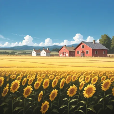 Countryside, farm scene, daytime, blue sky, sun