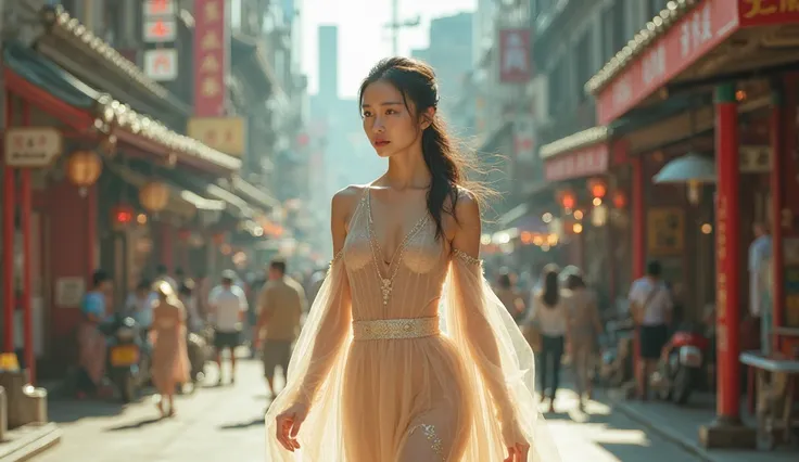 A woman who looks like Korean actress Song Hye-kyo walks around town wearing a nude see-through costume.