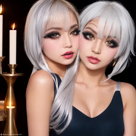 A young East-Asian woman with deep tan skin and striking silver-white hair, long and straight, flowing past shoulders, (bold gya...
