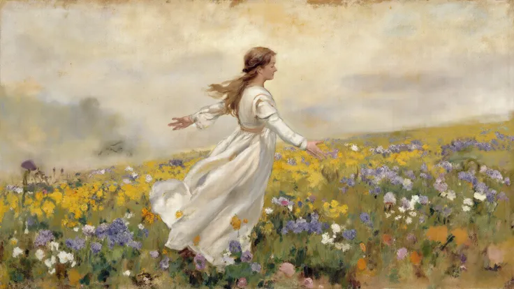 Prompt 9: “Mist-laden field at sunrise where a maiden in white walks with outstretched arms, wildflowers at her feet, mood of mi...