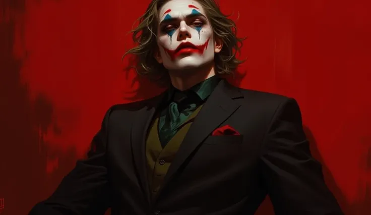 Make a handsome joker who is crying, using black suit . red background
