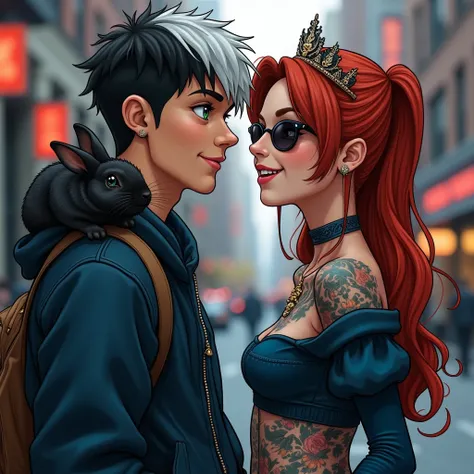 Un homme avec deux couleurs de cheveux, un côté noir et un côté blanc aux yeux verts, en tenue Streetwear. Et une femme tatouée ...