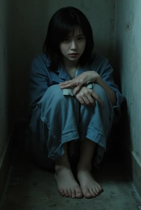 female prisoner. in the very dark, small and dirty prison's cell. wearing a dirty blue prisoner clothes. bare foot. sitting on t...
