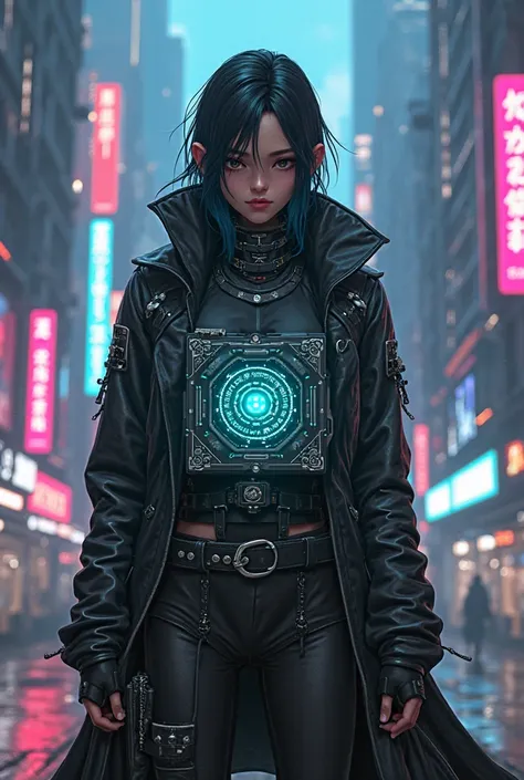 Create a cyberpunk character holding a prey identification plate, escrita "COS" If possible the character similar to Makima from...