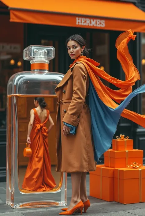 A glamorous woman standing confidently in front of the Hermès boutique, dressed in a luxurious caramel coat and a bold orange-an...