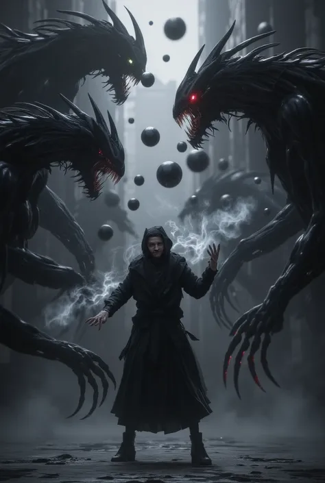 Depressed person throws balls and demons floating around him whispering things to him