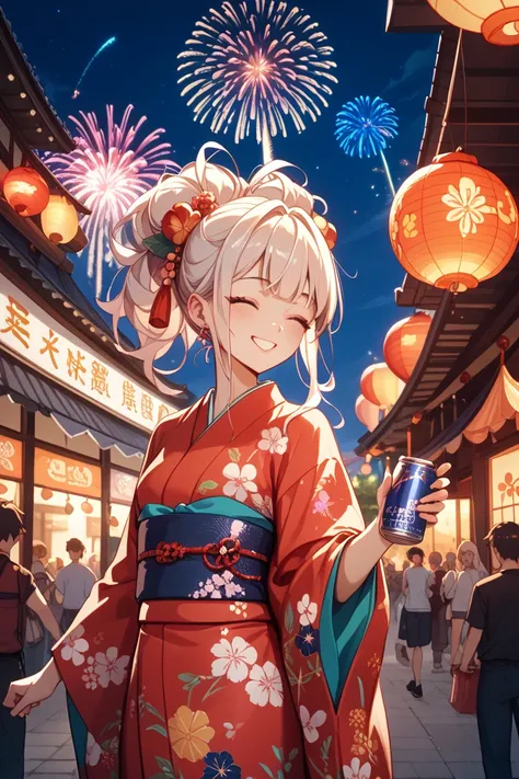 One person、 kimono、#Color based on FFD728、The background is a festival stall、night、and fireworks can be seen in the distance、Smi...