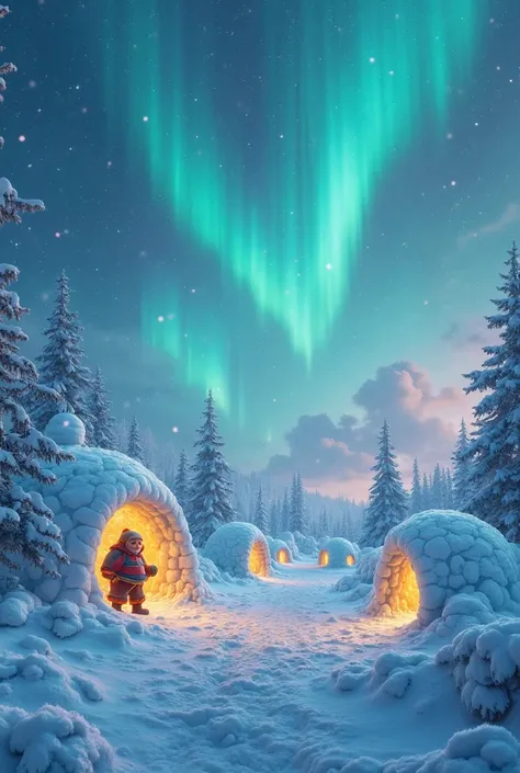 A fantasy icy land with snow-covered landscape, a chubby man building glowing, dome-shaped igloo houses from ice blocks, sparkli...