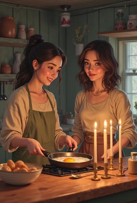 Two women in a kitchen , One holds a pan with a fried egg cooking it over 3 candles