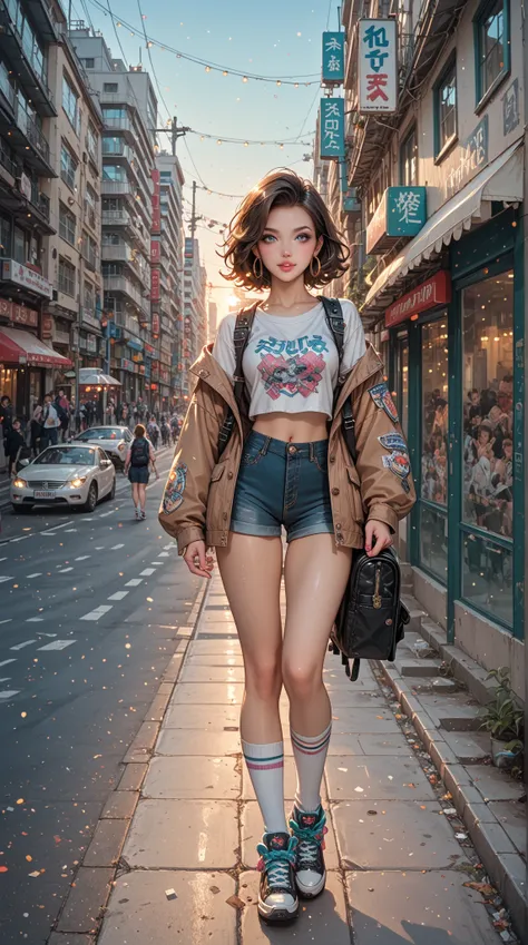 A young woman standing in a city street environment,with high-rise buildings and vibrant logos. Her hand skateboard has a detail...