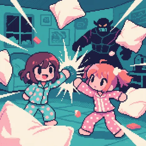 low-bit pixel art, fusion of paper cutting and printmaking, chibi, girls pajama party, a pillow fight breaks out, and you have t...