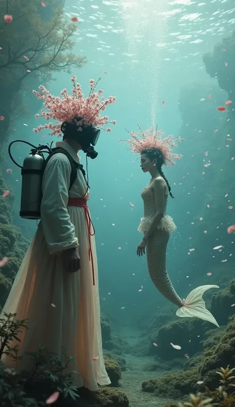 surreal scene: a deep-sea diver wearing a cherry blossoms helmet stands in a misty underwater garden under falling petals in fro...