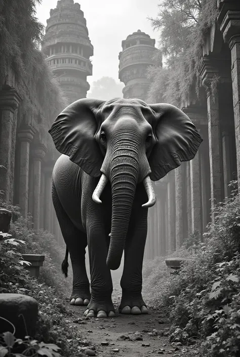 Black and white vintage photo of elephant in jungle. Standing in front of ruin of big temple. Lost civilisation. Remains of a cr...