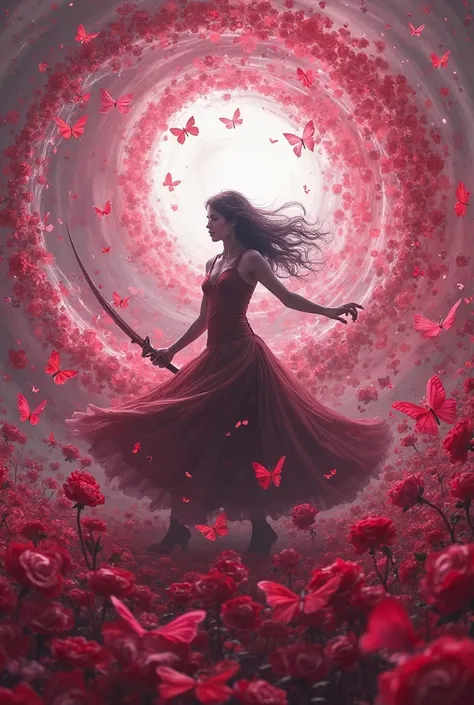 The demon slayer twirls rapidly, blade spiraling in wide, controlled arcs around her. As she spins, a storm of crimson rose peta...