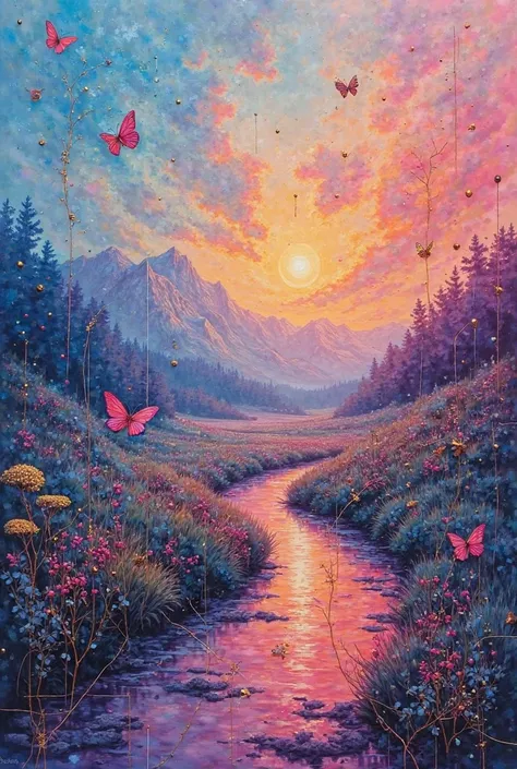 Minimalist meta-modern post-conceptual symbolism painting — a breathtaking countryside portrayed in an ethereal double exposure....