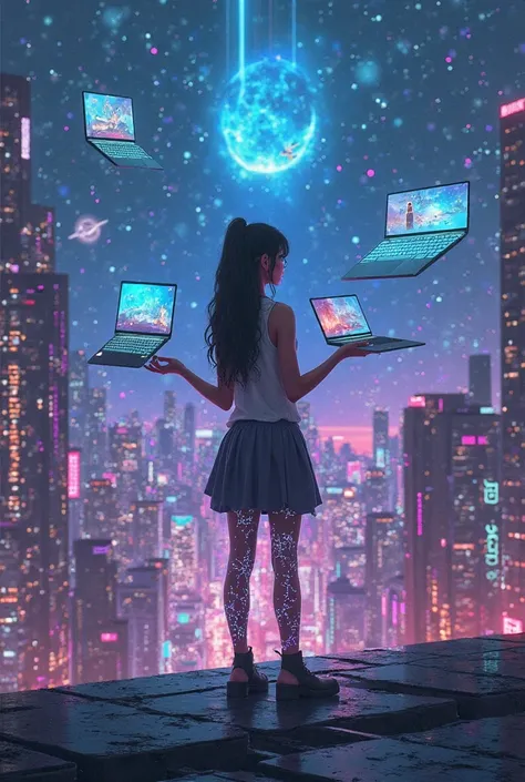 A digital painting in a futuristic, cyberpunk-inspired cityscape at night. A young woman, representing “Cryptic Girl,” stands on...