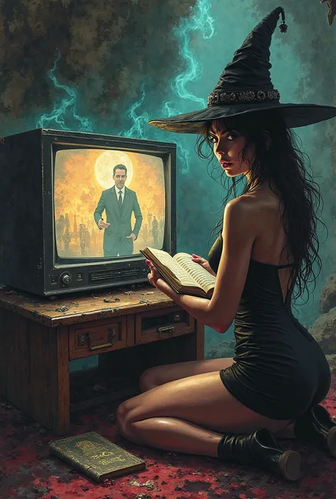 Draw a picture of a sexually attractive women wearing a black mini dress. The woman is an evil witch placing a dark magical curs...