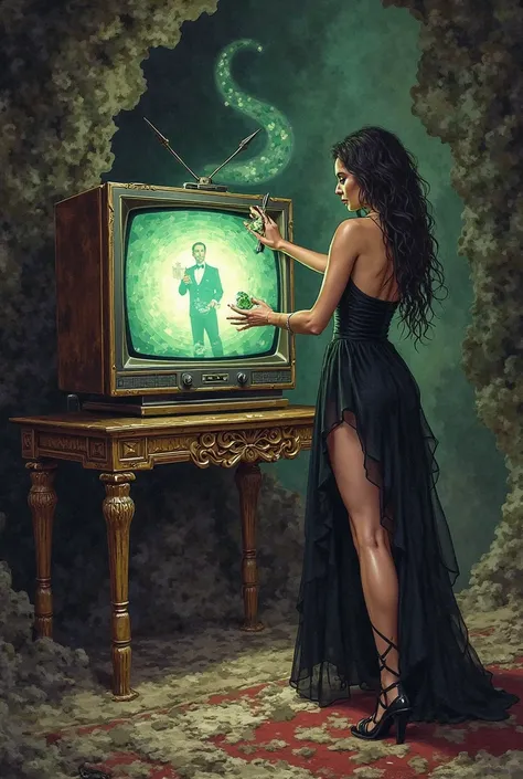 Draw a picture of a sexually attractive women wearing a black mini dress. The woman is an evil witch placing a dark magical curs...