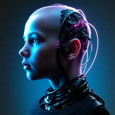 Take a side shot of a young boy with his head shaved and without clothes, You can only see up to the shoulders, three cables com...