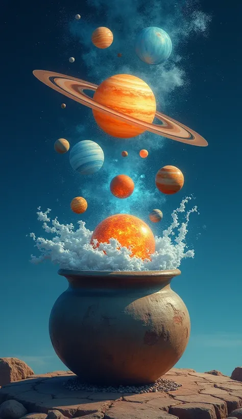 the whole solar system into a pot. the weather is night blue color.