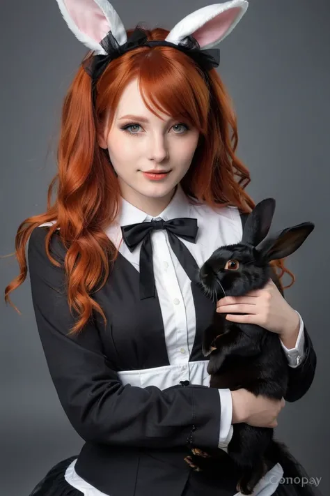 Realistic young redhead girl with sexy black rabbit cosplay