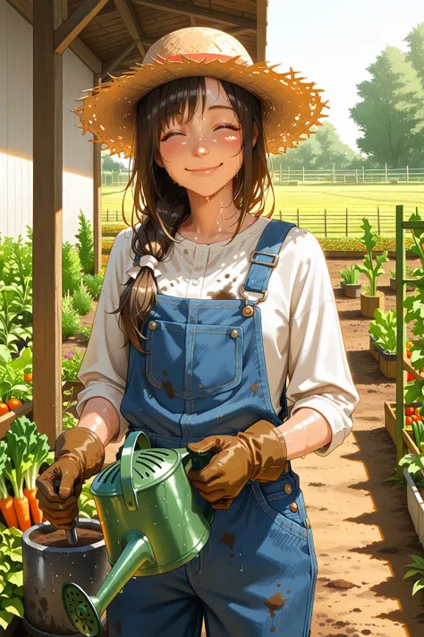masterpiece, best quality, realistic shading, cowboy shot, outdoors, sunny day, vegetable garden, married woman, young wife, str...