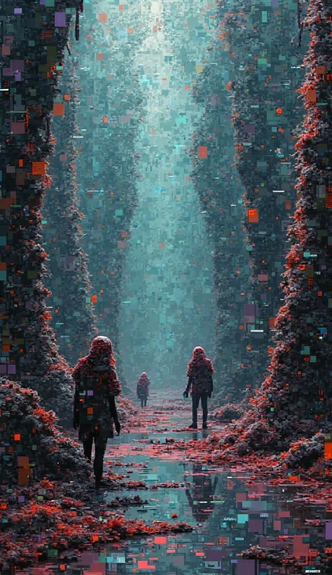 Glitch-style digital art with distorted shapes and noise
