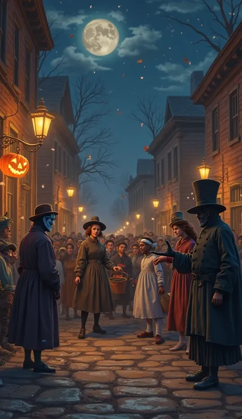 Animated scene of a bustling 19th-century American town street on Halloween night. Depict masked ren or agers engaging in harmle...