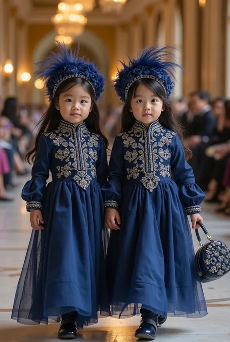 Two babies walking in deep sapphire gowns, covered with silver embroidery, layered fabrics, high-fashion structured collars, lux...