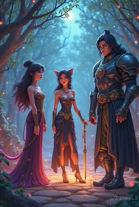 Create an animated scene featuring five mature characters in a magical setting:
Genie: A male character with a long, flowing ta...