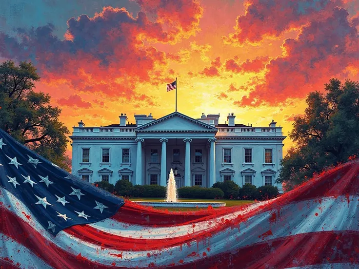 GRAFFITI STYLE ILLUSTRATION OF THE WHITE HOUSE WITH A SUN RISING FROM THE BACK AND THE US FLAG