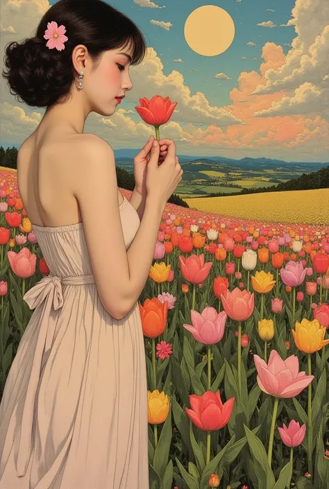 A woman with soft curls wearing a light, holding a flower gently between her fingers. a painting of a sunset over a field of tul...