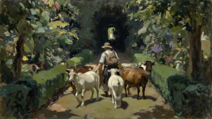 As the traveler walks forward, the animals part gracefully, their movements gentle and reverent, leaving behind a sacred aisle t...