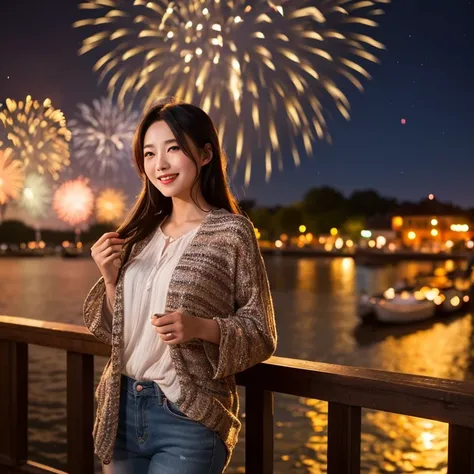 beautiful mature woman standing on a riverside wooden terrace at night against the fireworks。she smiles softly、fireworks spread ...